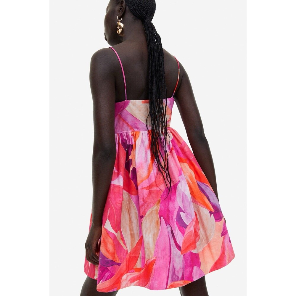 H&M Leaf Print Babydoll Mini Dress Pink Multi 100% Organic Cotton Medium NWT’s - Picture 4 of 16